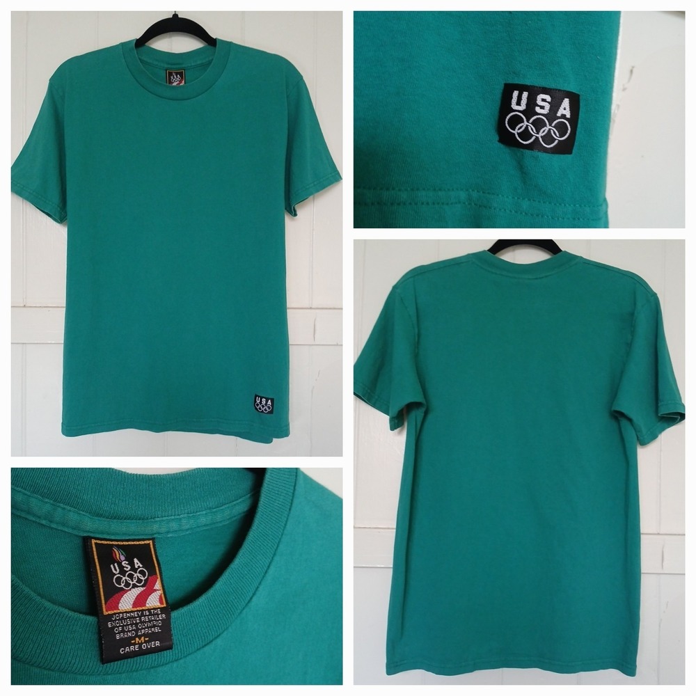 Vintage USA Olympic JCPenney T-Shirt Men's Medium Teal Green Cotton SS 90s Slim